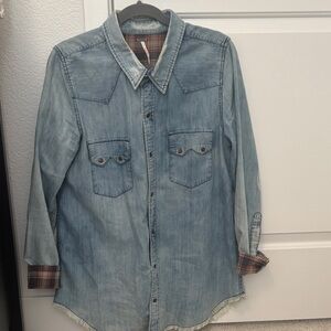 Free People Light Blue Denim Flannel Distressed Shirt